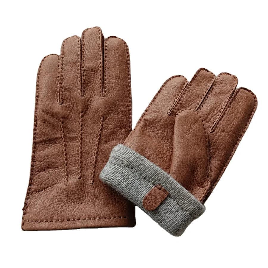 Sample Support Custom Logo Deer Skin Winter Wool Lined Hand Sewing Car Drive Motorcycle Deerskin Leather Driving Glove Men Women