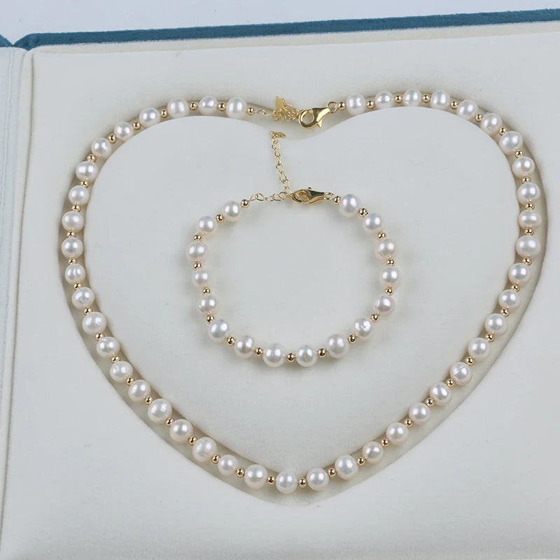 Zhuji Natural 7-8mm White Potato Shape Pearl Necklace Set for Gold Plated Women's Necklace
