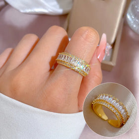 Luxury Gold Plated Full Zircon Stone Ring Diamond Inlaid Opening Index Rings for Women Finger Jewelry Adjustable Ring Wholesale