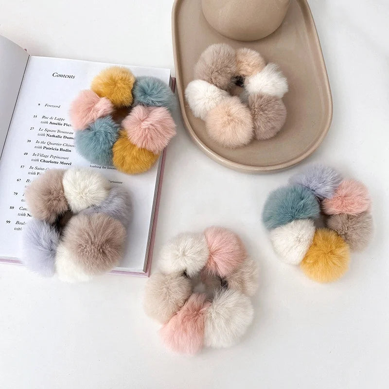 MIO Faux Rabbit Fur Plus Ball Rubber Band Ponytail Head Ties Retro Headdress Hair Rope Cute Autumn Winter Accessories