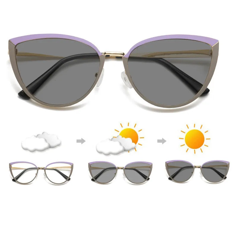Wholesale Custom Logo Fashion Women Alloy Frame Anti Blue Light Computer Eyewear Metal Cat Eye Photochromic Glasses Women