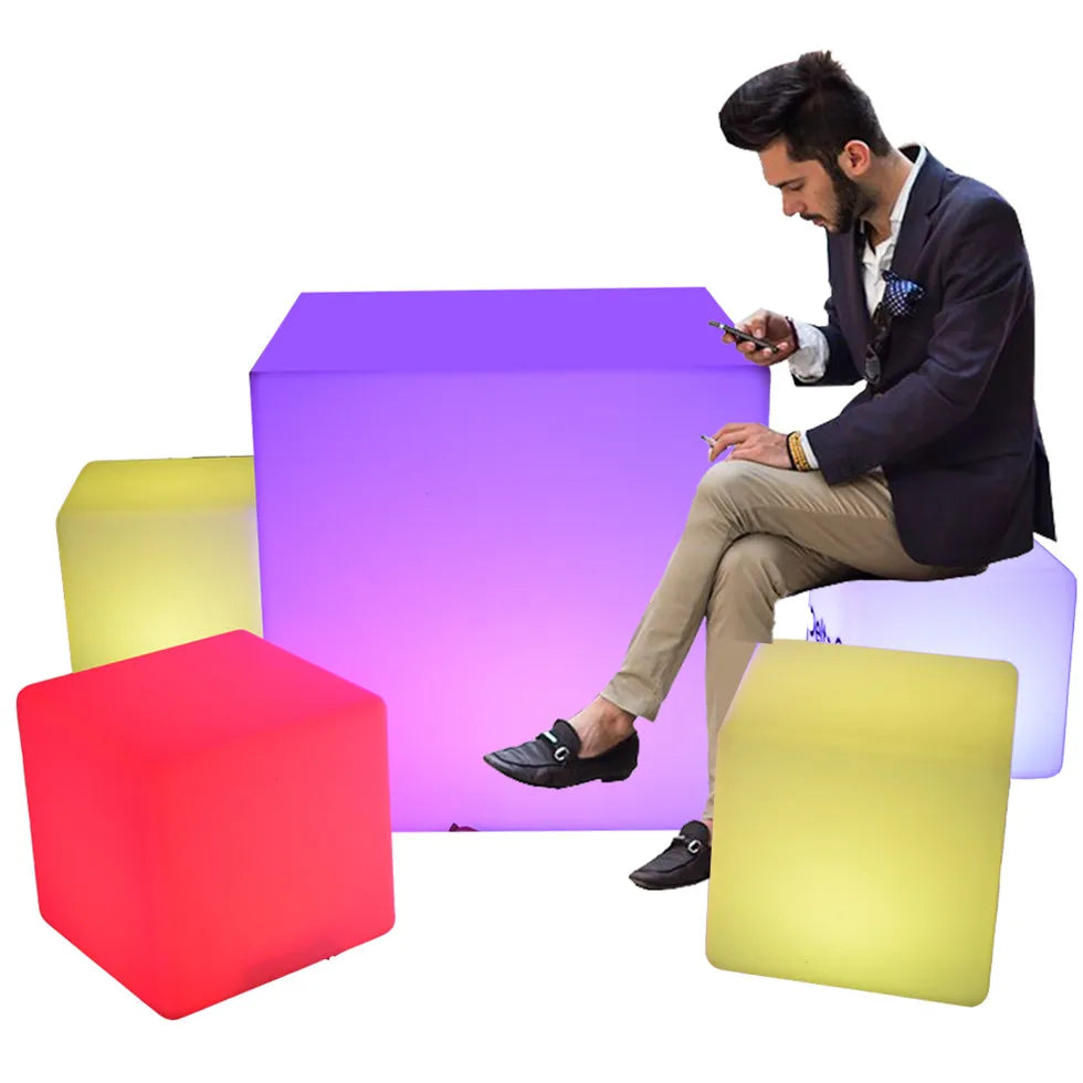 Modern Rustic RGB Changeable LED Night Lamp Waterproof Cube Glowing Park Outdoor Furniture Plastic Bar Stool Dining Hotel Use