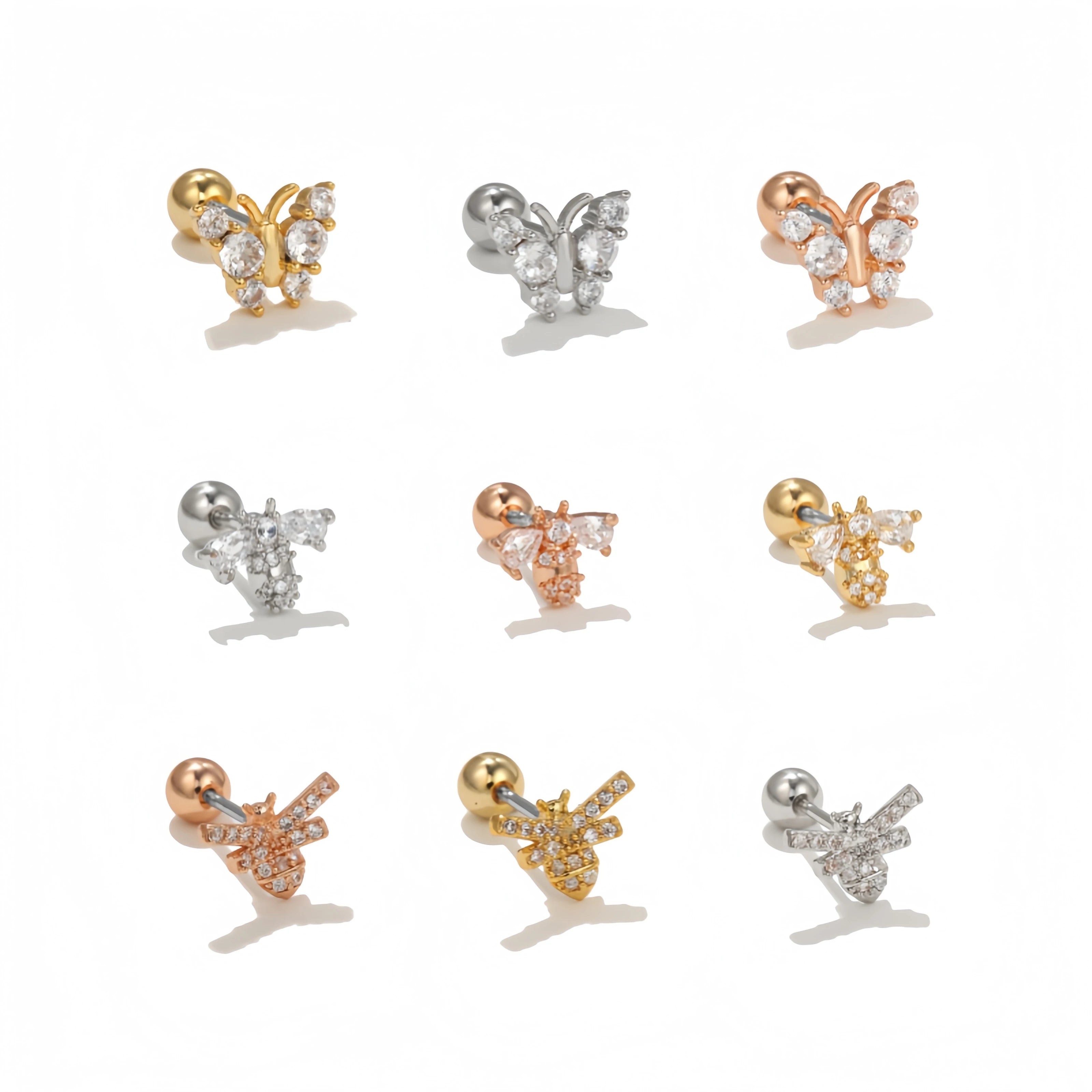 New Zircon Cute Small Animal Insect Ear Bone Stud New Creative Butterfly Bee Ear Piercing Screw Ball Women's Jewelry Earring