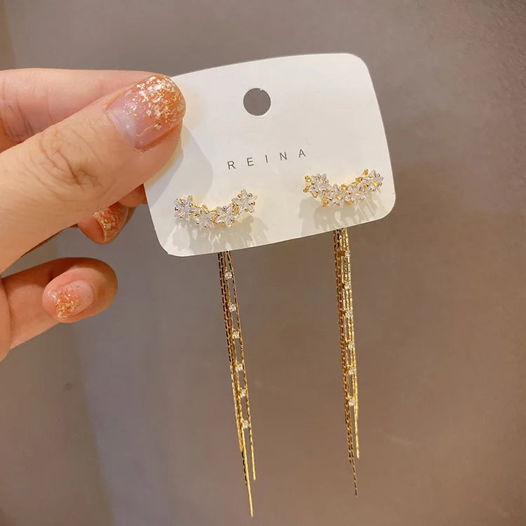 2022 New S925 Silver Pin Korean Wing Zircon Tassel Earrings Jewelry for Women
