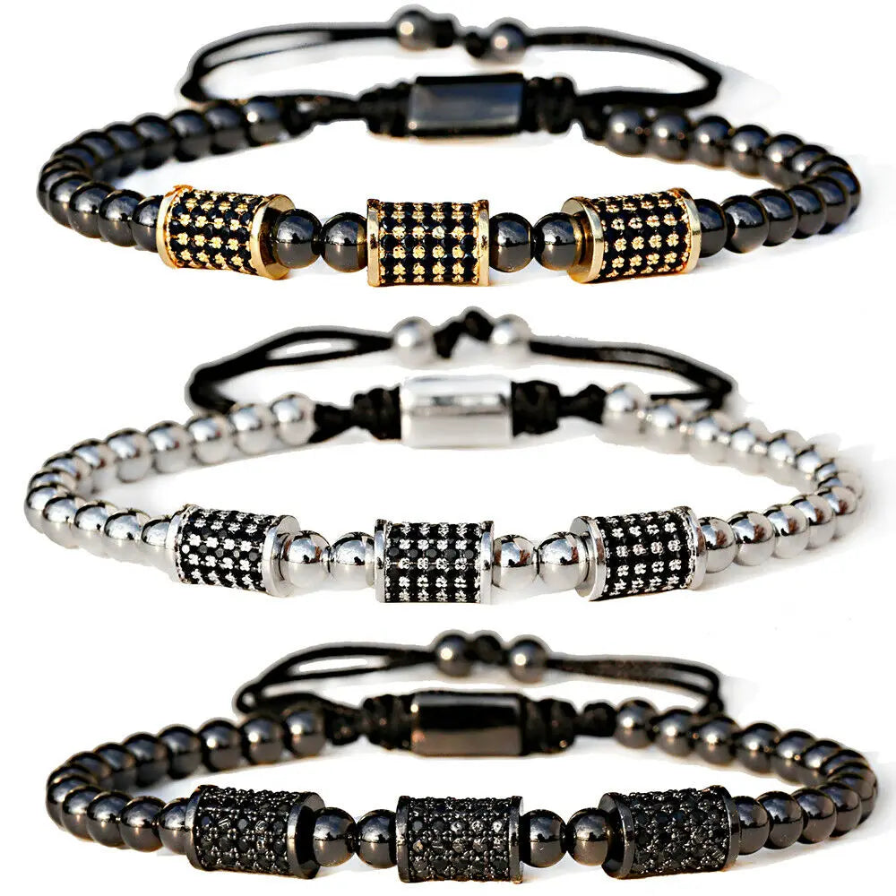 Luxury Zirconia 5MM Brass Beads Three Cylinder Hand Knitted Bracelets Adjustable Jewelry Mens Brass Handmade Bracelet