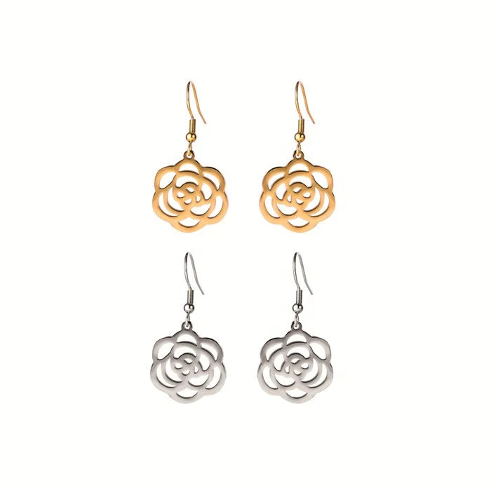 Mother's Day Gift 2024 Stainless Steel Gold Hollow Rose Jewelry Sets Dangle Drop Earring