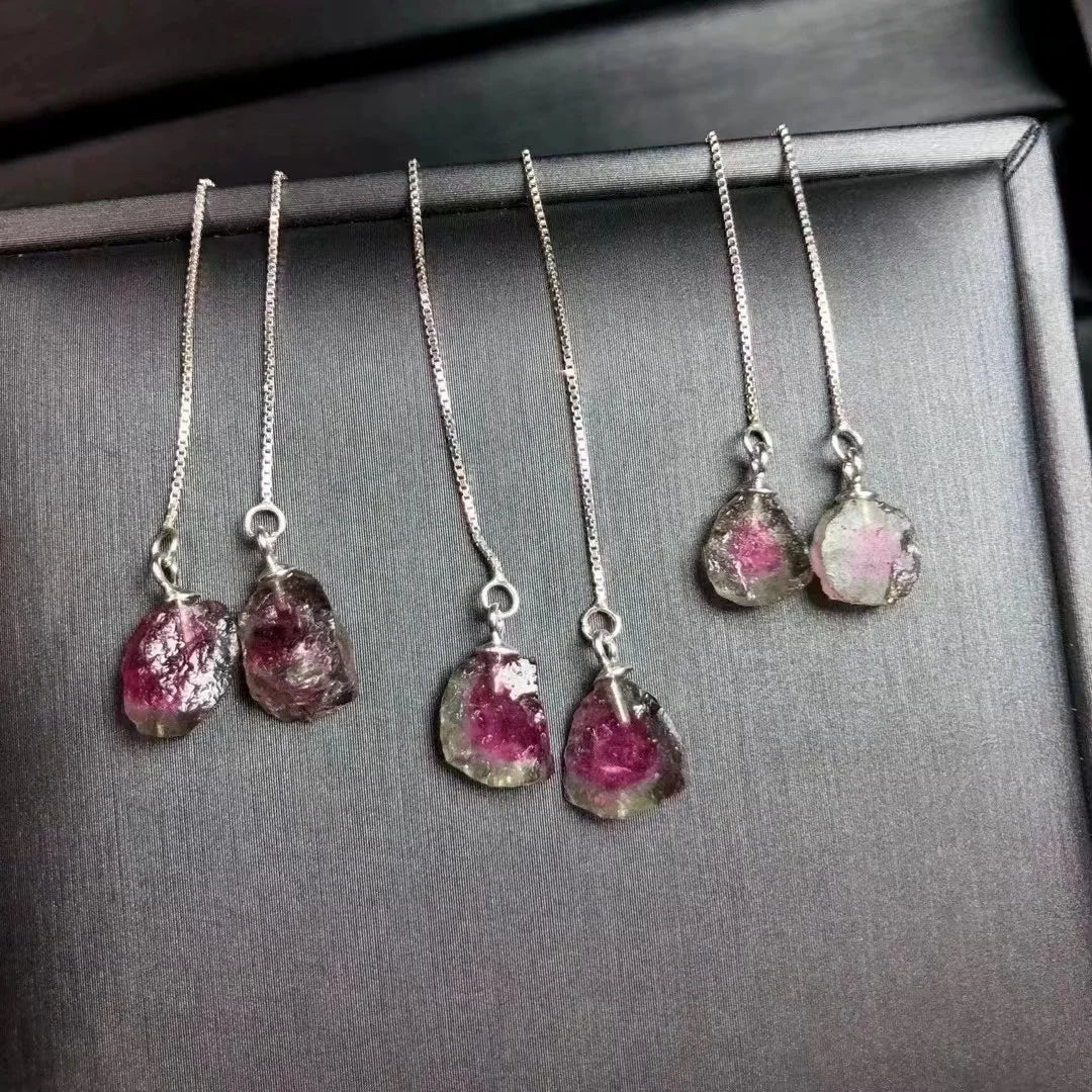 Healing Gemstone Stone Fine Jewelry Natural Raw Crystal Watermelon Tourmaline 925 Sterling Silver Earrings for Women