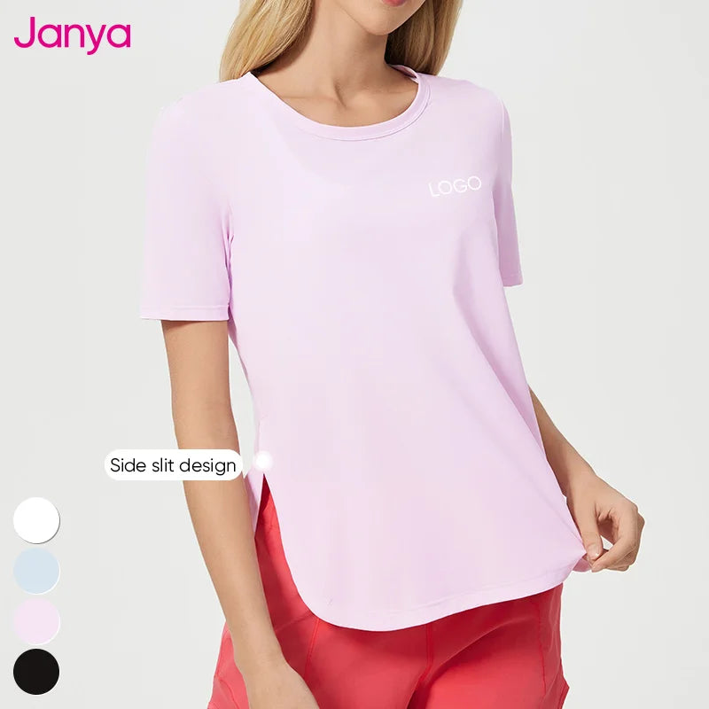 Janya Women's Lightweight Ice Silk Gym Tops Loose Breathable Side Slit Crew Neck Quick Dry Short Sleeve Sports Fitness Yoga Top MegaBDM