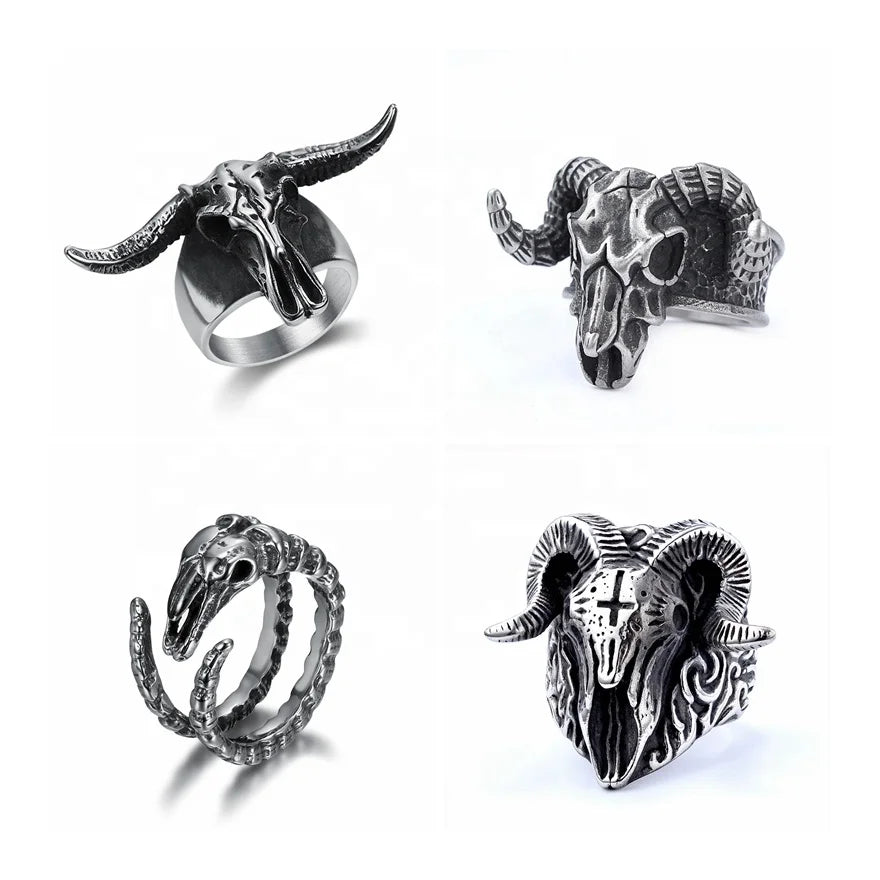 Custom Black Skull Biker Rings Stainless Steel Biker Lucifer Goat Ram Devil Jewelry Rings for Men Women