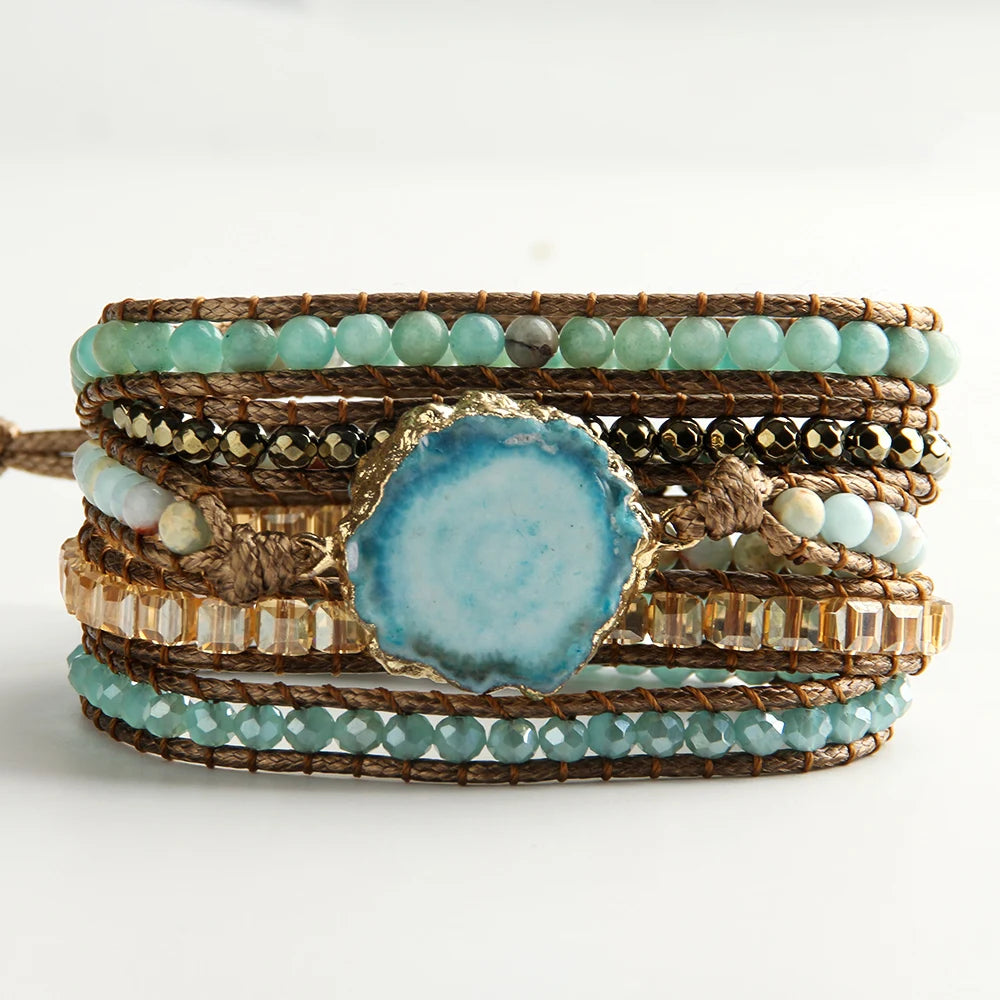 New Bohemian Ethnic Style Women Jewelry 5 Strands Natural Stone Crystal Glass Handmade Wrap Bracelet