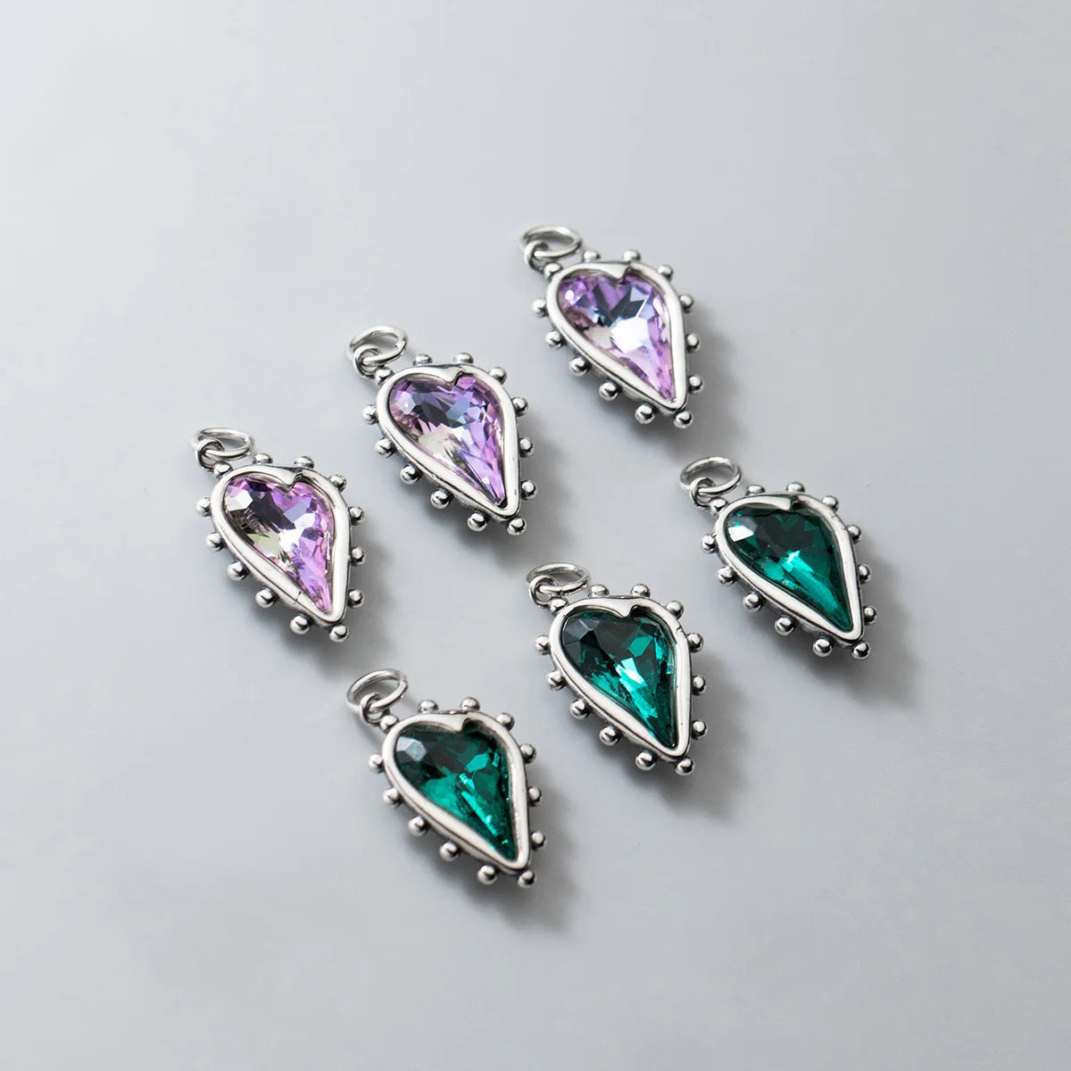 Vintage 925 Sterling Silver Bezel Purple Green Rhinestone Dotted Heart Charm for Jewelry Making Supplies