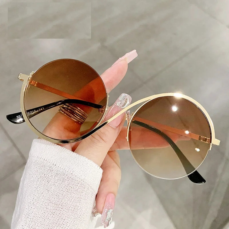 Luxury Trendy Metal Frame Unique Round Sunglasses Shades Oversized High Quality Personality Unique Sunglasses PC Decoration 2pcs