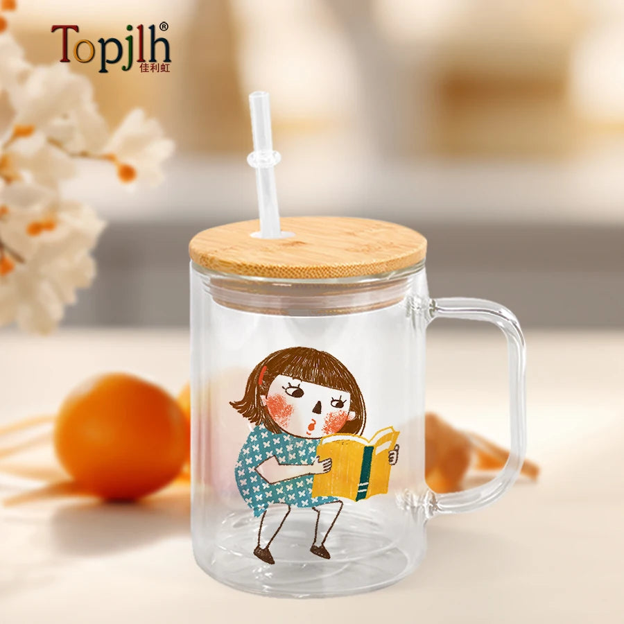 Topjlh 15oz Double-Walled Sublimation Glass for Mugs Business Gifts Snow Globe Design Bamboo Lid Handle Cold for Graduation