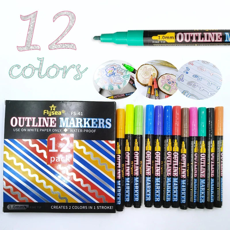 Flysea 1.0 MM Silver Double Line Marker Pen Set 12 Colors with Customized Logo Permanent Ink Metallic Outline Marker Pen MegaBDM