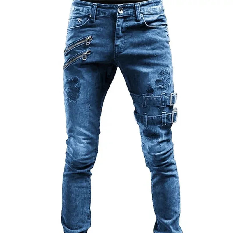 RNSHANGER Zipper Decoration Slim Fit Biker Jeans Men Cotton Stretchy Ripped Jeans High Quality Hip Hop Oversize Denim Pants