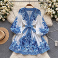 RNSHANGER Vintage Print Women Dress Elegant Lantern Sleeve A-line V Neck Mini Dress Casual Women Fashion Autumn Spring Dress