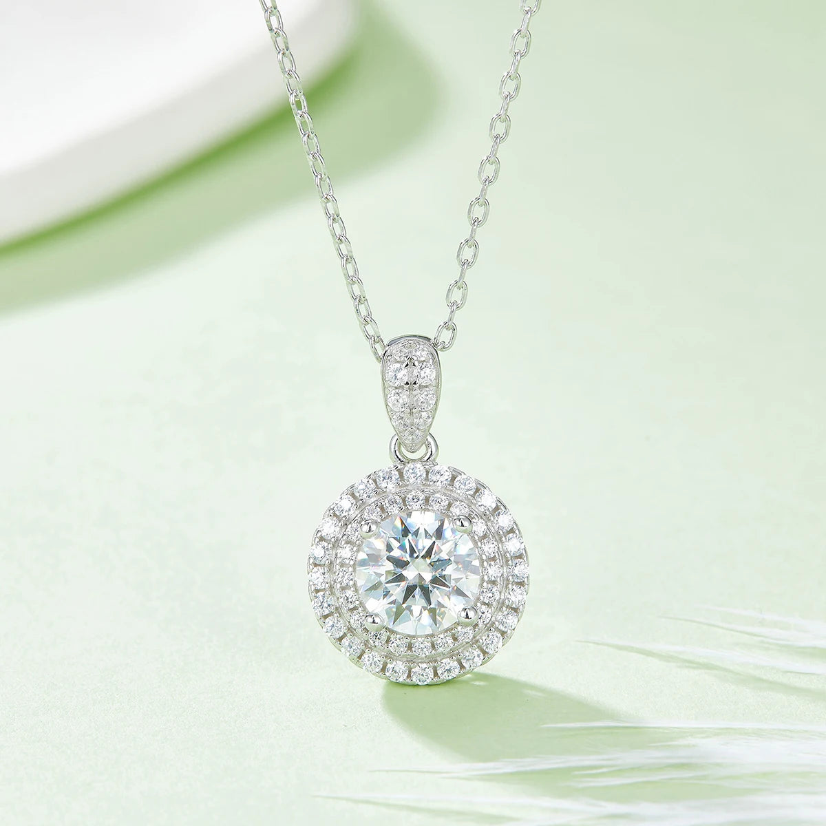 O93 Abiding Jewelry Wholesale Round Shape Moissanite Diamond Stone Pendant 925 Sterling Silver Double Halo Necklace