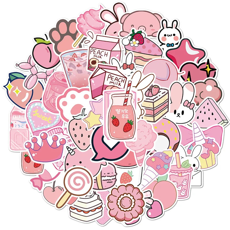 50pcs Cute Pink VSCO Water Bottle Stickers Waterproof Vinyl Aesthetic Laptop Skateboard Kawaii Cartoon Sticker Pack