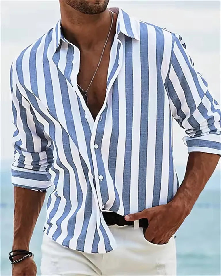 Custom Lightweight Casual Vintage Striped Long Sleeve Lapel Beach Hawaiian Vacation Color Patchwork Shirt for Men