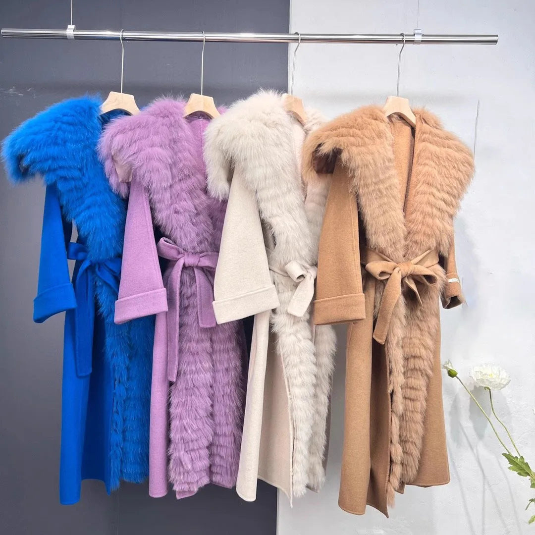 Oftbuy 2023 Women New Arrivals Cashmere Coat Double Sided Real fox Fur Long Wool and Cashmere Coat for Women
