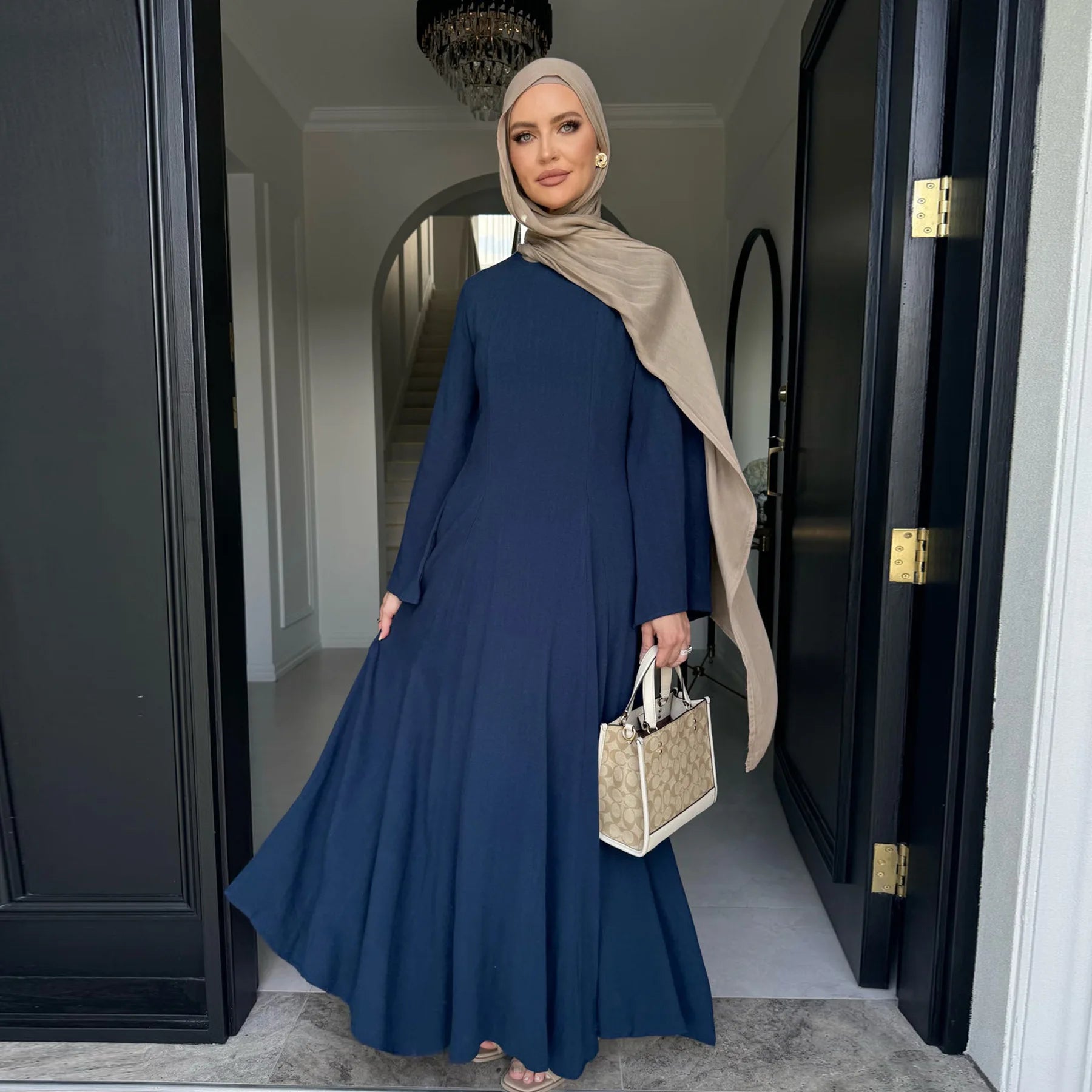 2025 Nisa Plus Size Autumn/Spring Modest Islamic Women's Abaya Drawstring Adjustable Long Sleeve Seamless Polyester Maxi Dress