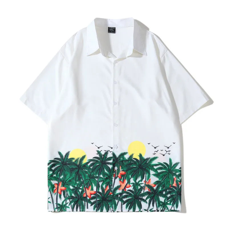 Men's Printed Twilight Coconut Tree Casual Button Down Shirt Easy Care Regular Fit with Breathable Stand Collar Short Sleeve