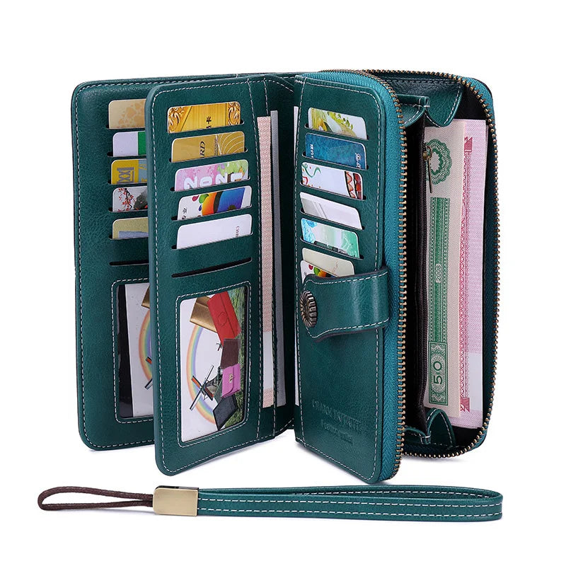 Fashion Women Ladies RFID Blocking Leather Purse Large Capacity PU Long Zipper Wallet with Handle