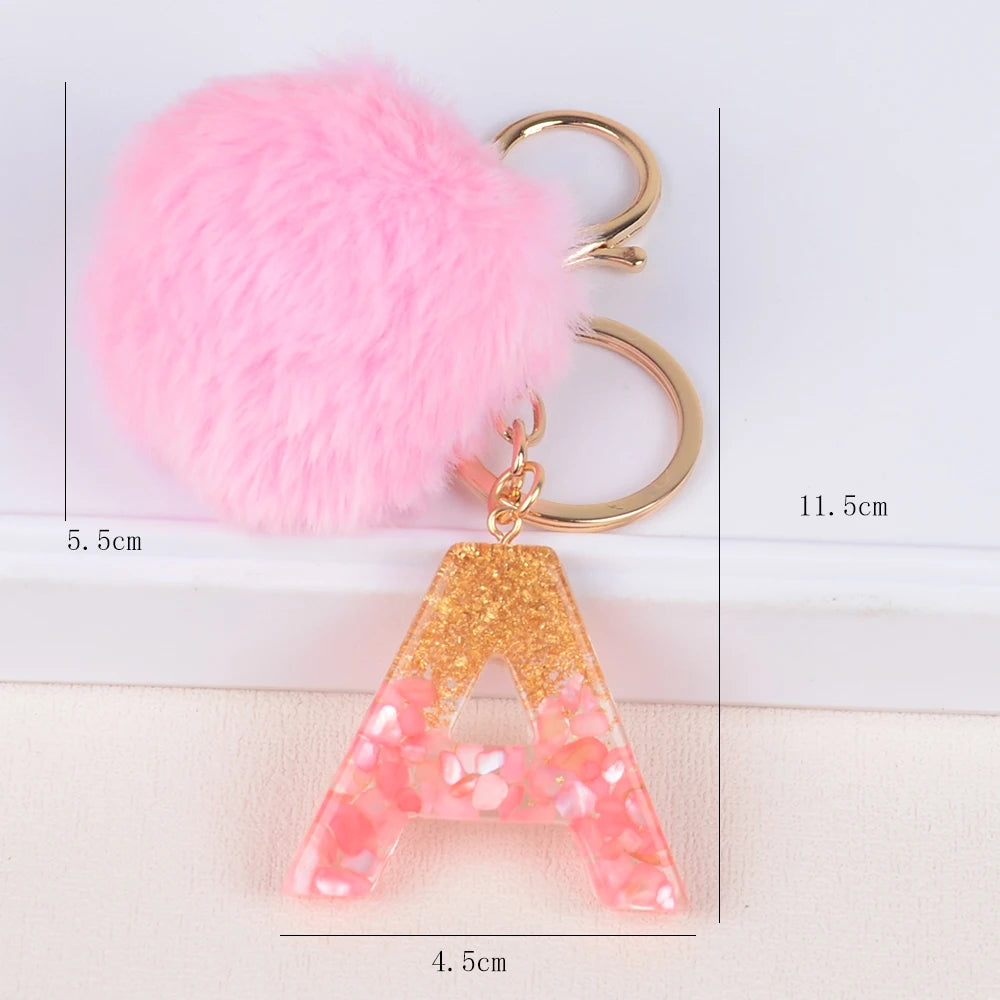 Alphabet Initial Letter Keychain Cute Plush Pom Pom Key Chain Ring Bag Backpack Charm Car Hanging Pendant Women Girls Gift