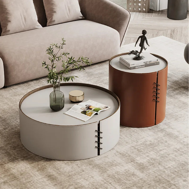 Nordic Luxury Modern Saddle Leather Extendable Round Coffee Table with Custom Size for Living Room Hotel B&B Use