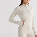Winter Autumn Long Sleeve Thumb Hole Full Zipper Double Side Pockets Tight Sport Wear Ivory Yoga Jacket Fitness Gym Wear