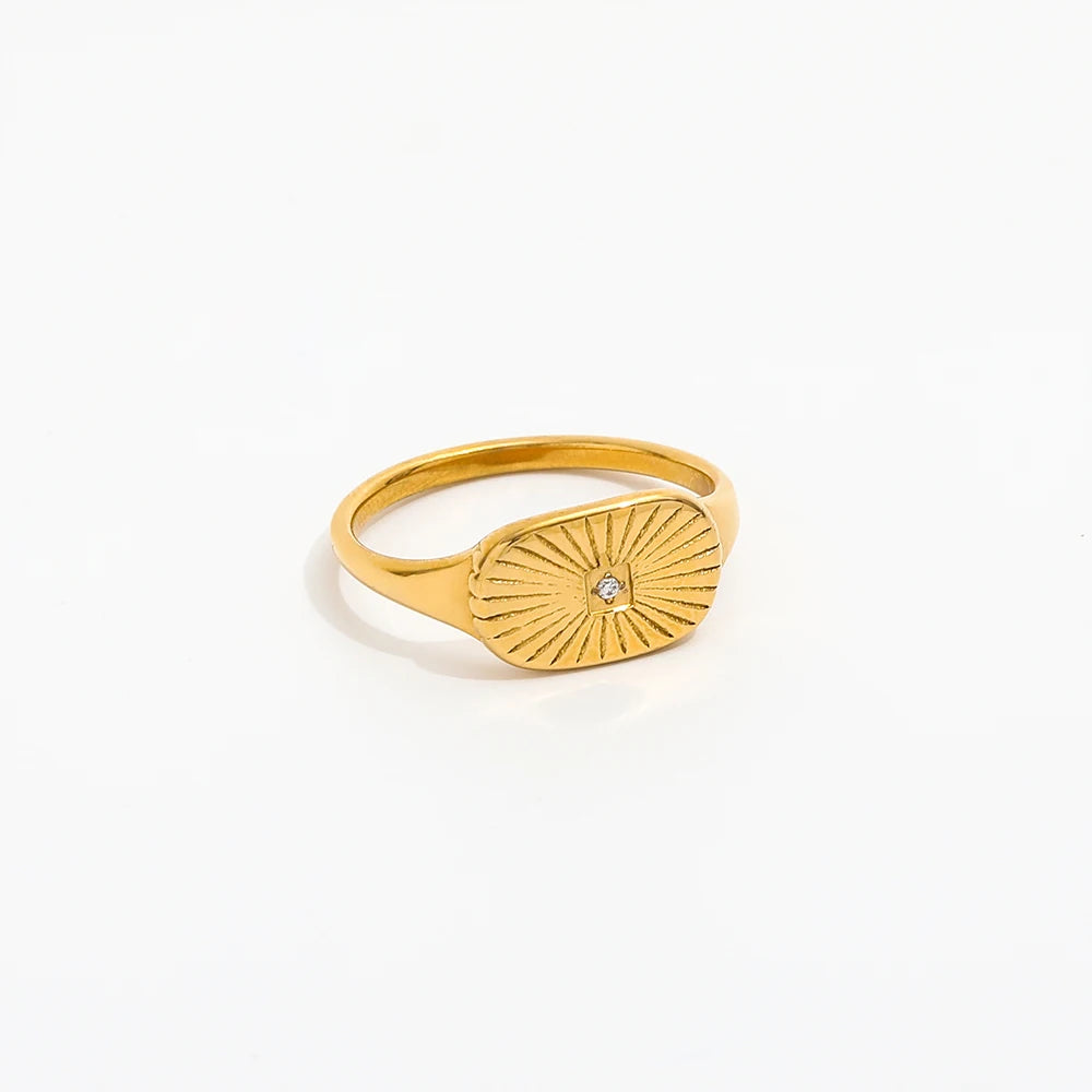 Joolim Jewelry Wholesale 18K Gold Plated Sun Rays Burst Stainless Steel Rings for Women Statement Zircon Ring