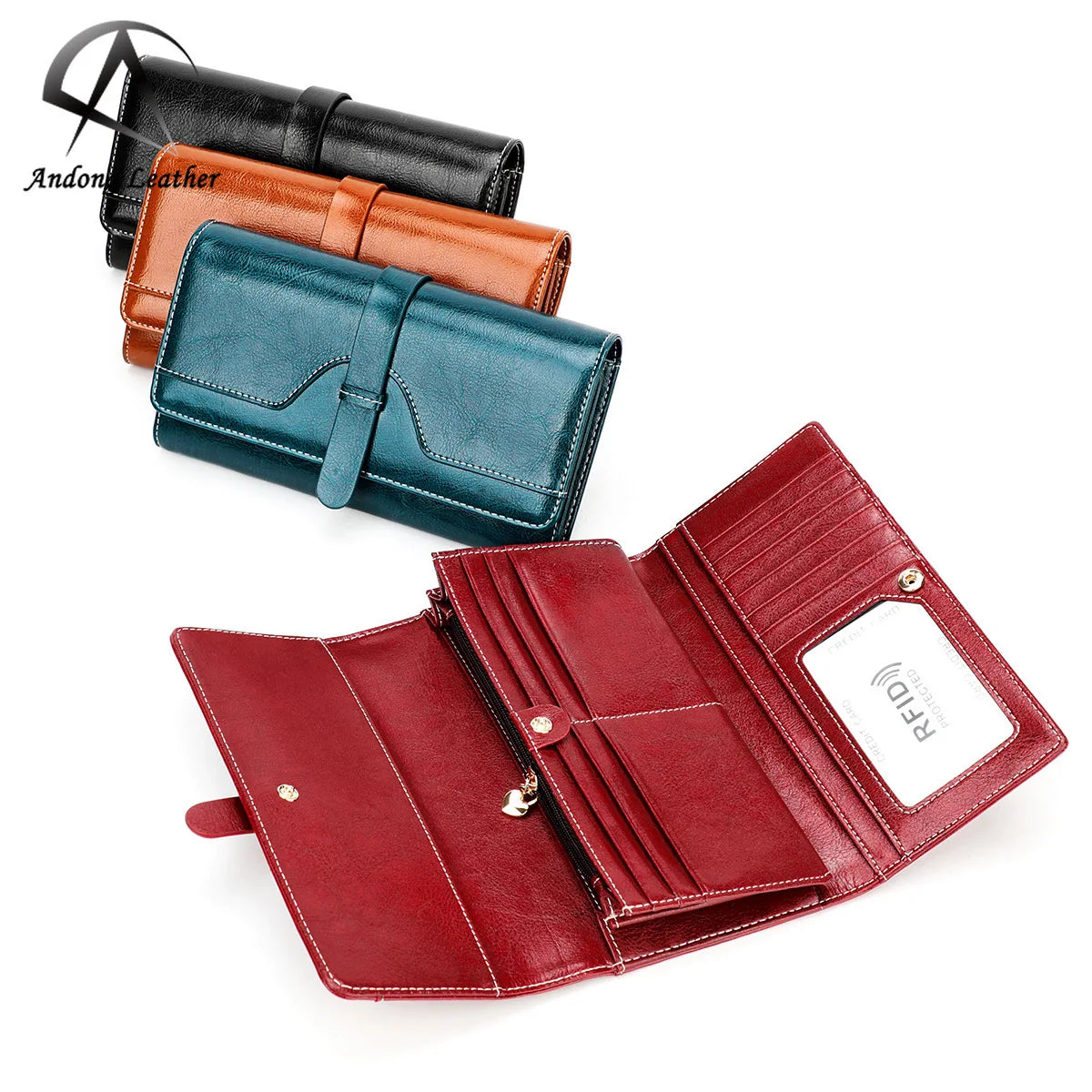 Andong RFID Ladies Wallet Trifold Wallet Japanese Korean Style Phone Coin Purse Genuine Cow Leather