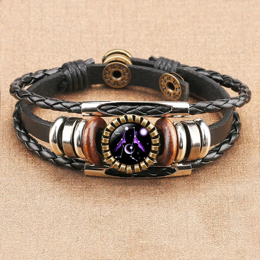 Handmade Woven Leather Braided Rope Bracelet Punk Chain Cuff Fashion Jewelry 12 Zodiac Bracelets for Women Men