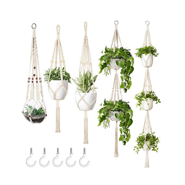 Dropshiping 5 Packs Macrame Plant Hangers With 5 Hooks Handmade Cotton Rope Hanging Planter Basket for Indoor Outdoor