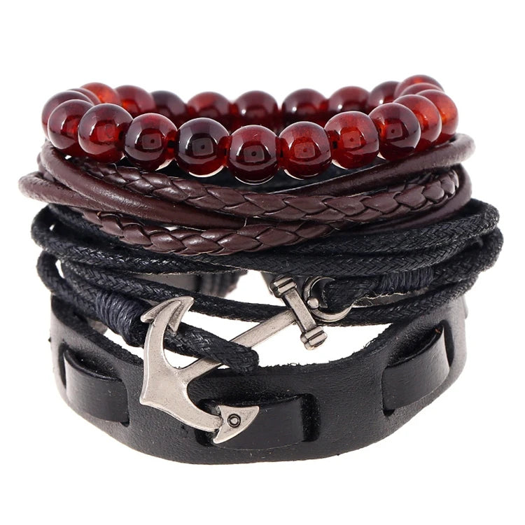Vintage Charm Anchor Handmade Adjustable Multilayer Wrap Leather Bracelet Set Jewelry for Men