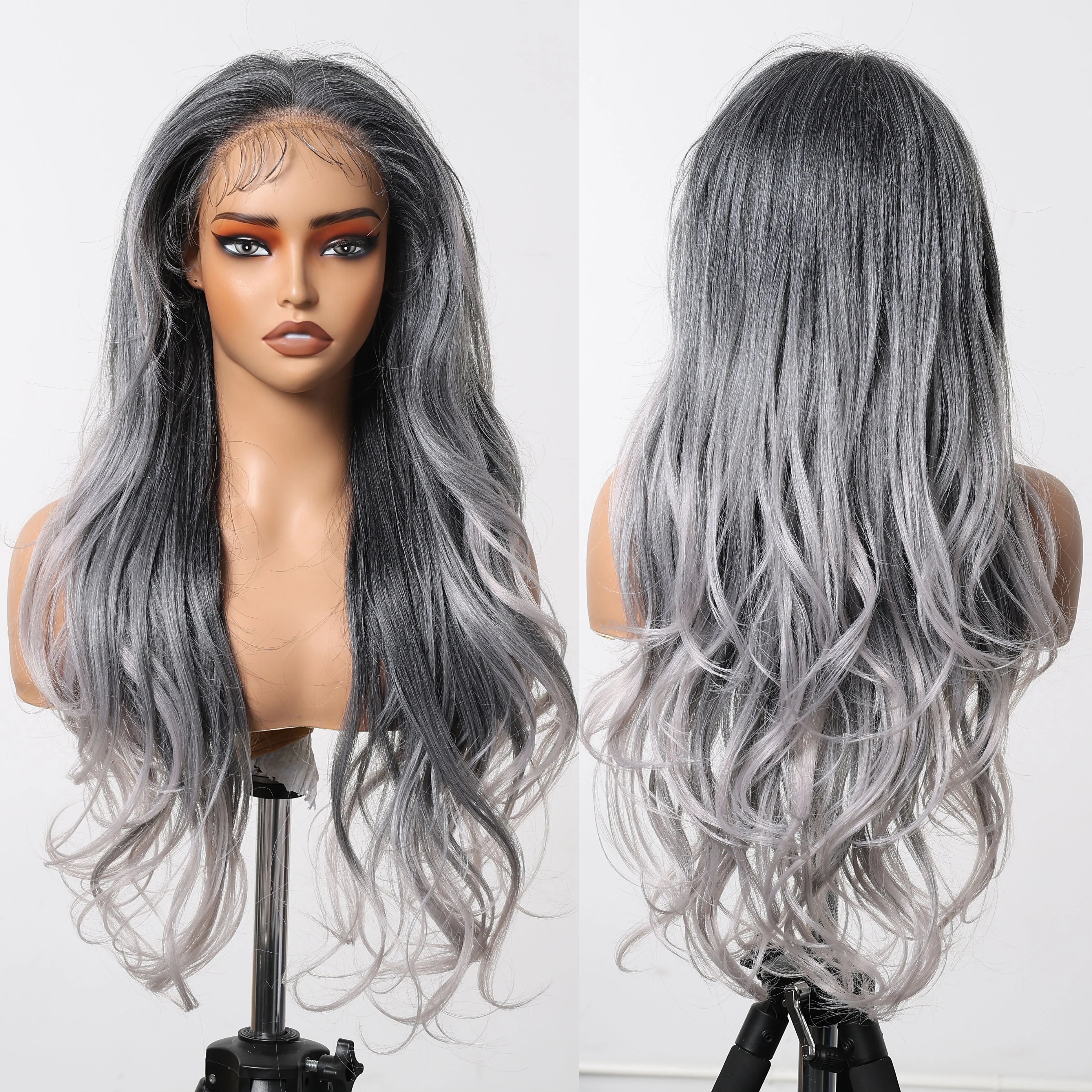 Fast Shipping Heat Resistant High Temperature Fiber Wig Natural Matte Soft Handmade Lace Real Photo Gray White 13*6 Lace Wig