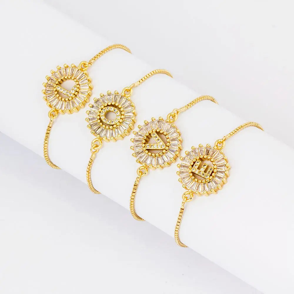 QIKU Fashion Adjustable A-Z 26 Letter Name Jewelry Bracelet Crystal Copper Zircon Women Girl Accessories Birthday Gift Wholesale