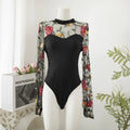 Mesh Embroidery Jumpsuit Pure Design Wind Elastic Long Sleeve Womens Bodysuits