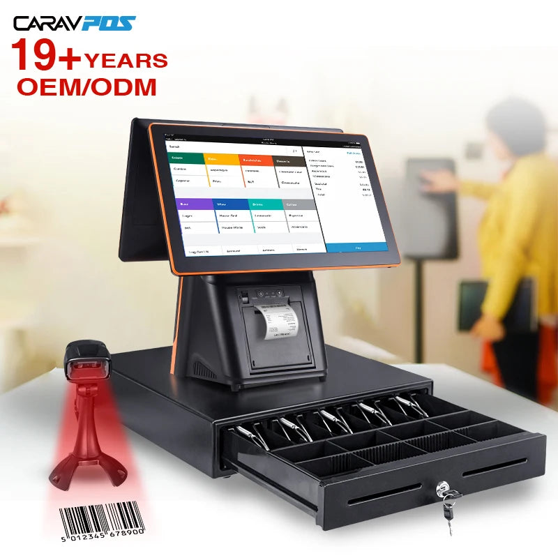 CARAV Wholesale Price POS Windows Terminal 15/15.6 Inch System Dual Screen POS System for Restaurants with 80mm Thermal Printer