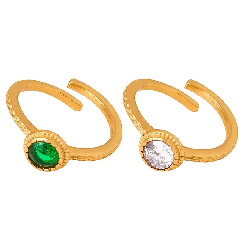 New Arrivals Women Fashion Simple Design Jewelry 18k Gold Plated Stainless Steel Circle Glass Stone Cubic Zircon Open Ring