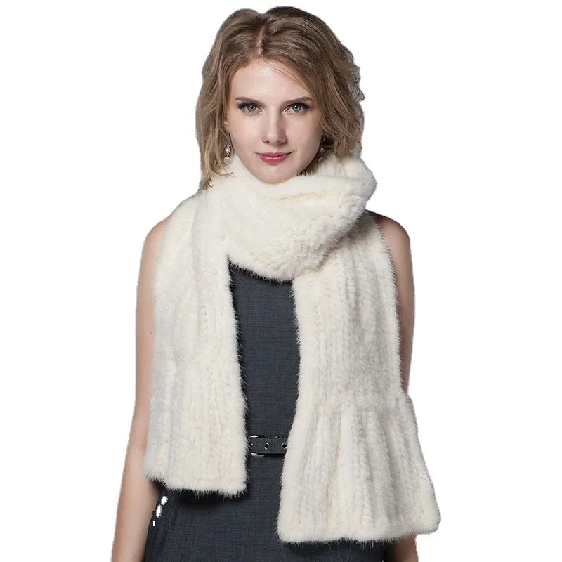 MWFur Female Winter Women Scarves Mink Fur Scarf Thick Fur Hand Knitted Long Mink Fur Scarves