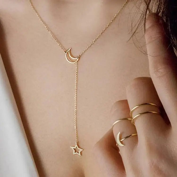 SC New Trend Fashion Gold Plated Long Chain Necklace Women Jewelry Gold Moon and Star Pendant Necklace