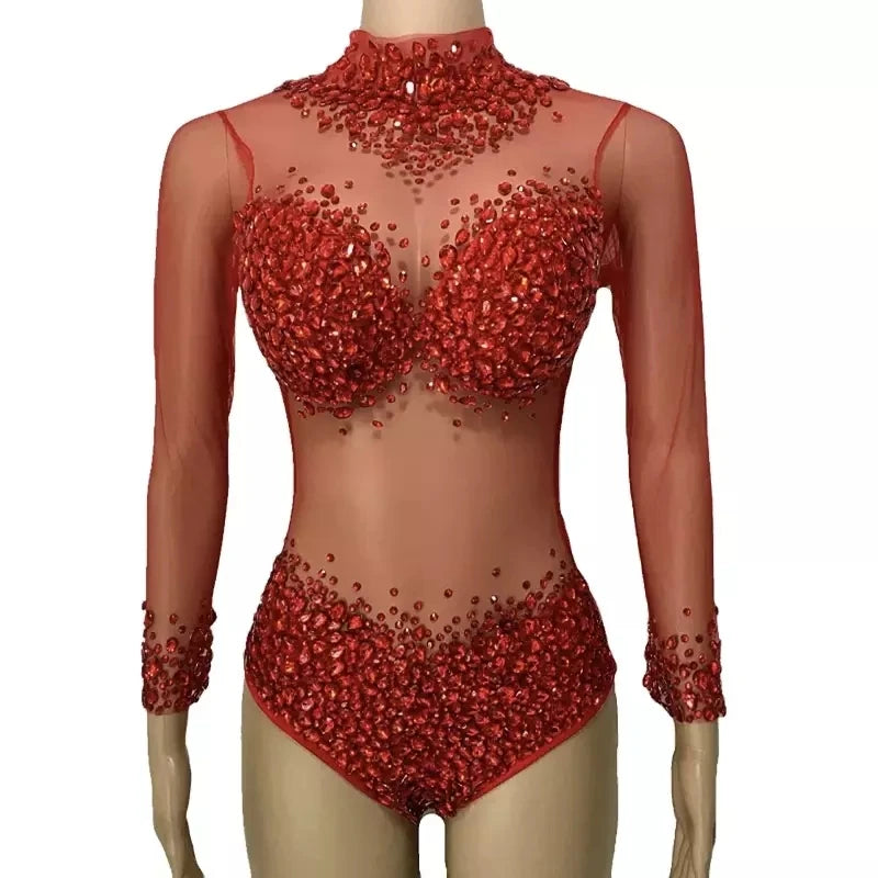 Rhinestones Mesh Ballroom Bodysuit for Women-Stage Performance Evening Prom Party Wear