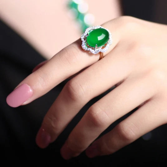 YIN FANG Jade Ring Oval Cut Green 925 Sterling Silver Wedding Engagement Ring Romantic Opp Bag Women CN;GUA