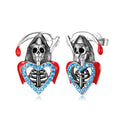 Scythe Skull Blue CZ Hollow Heart Stud Earrings Real 925 Sterling Silver Earrings or Women Fashion Ear Pin Studs Fine Jewelry