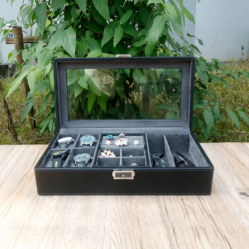 Wholesale Luxury Black Cardboard Frame PU Leather Watch Jewelry Case Slots for Watch Glasses Storage Box Customizable Size