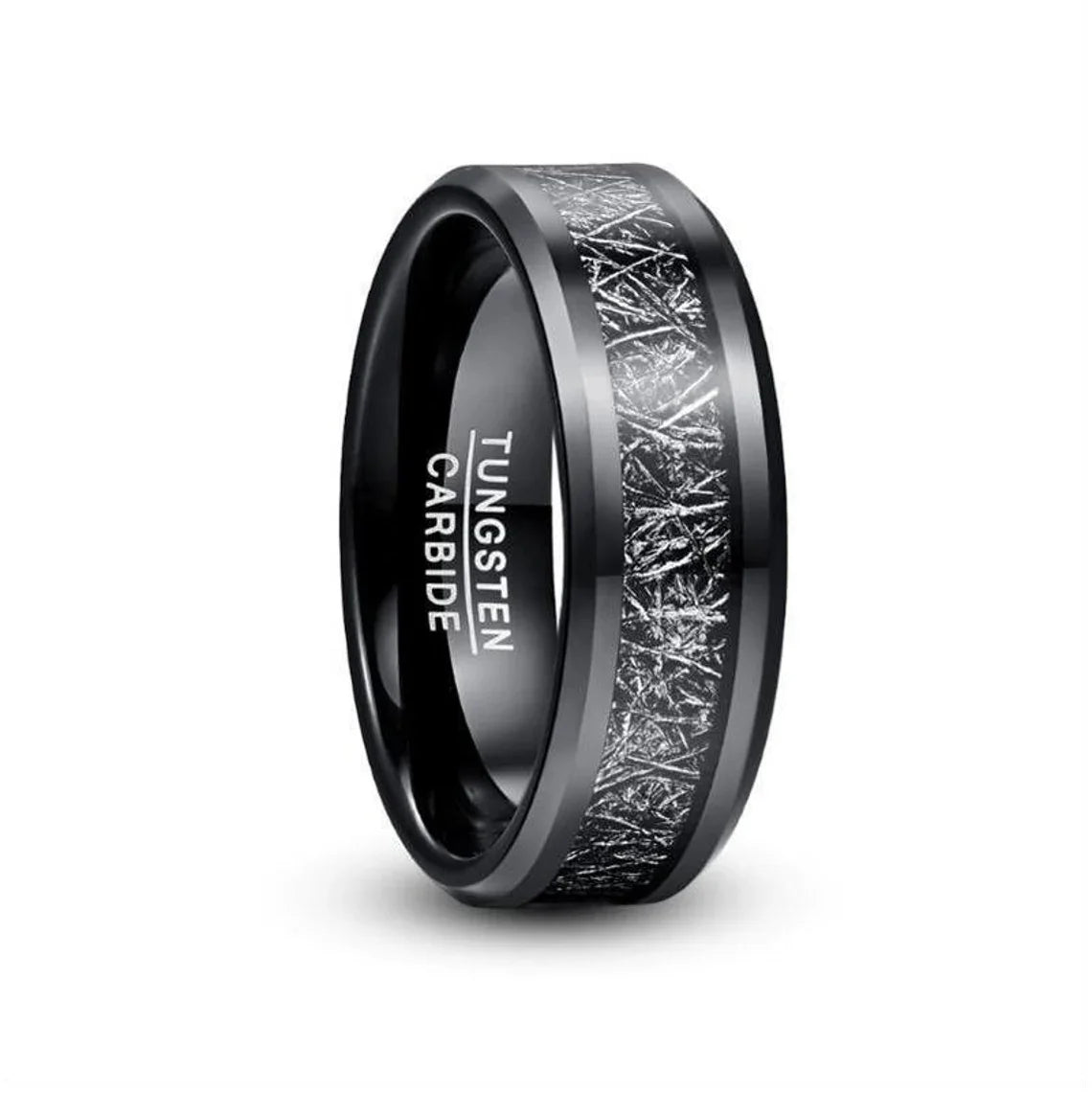 POYA Wholesale Meteorite Inlay Tungsten Ring 8mm Flat Beveled Edge Mens Wedding Band
