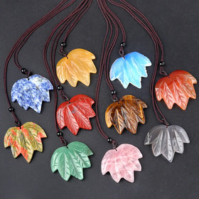 Healing Natural Crystal Maple Leaf Necklace Classic Reiki Carved Tiger Eye Rose Quartz Pendant with Cord Classic Style