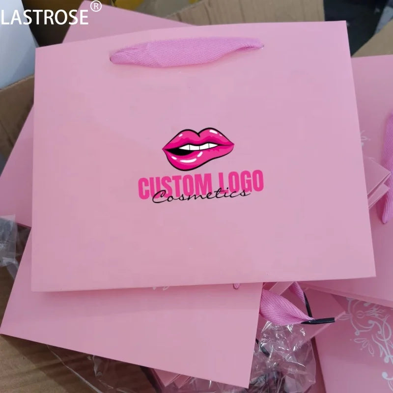 Wholesale Hot Selling Pink Eyelash Packaging Shopping Bags With Handle Private Label Cosmetic Packaging