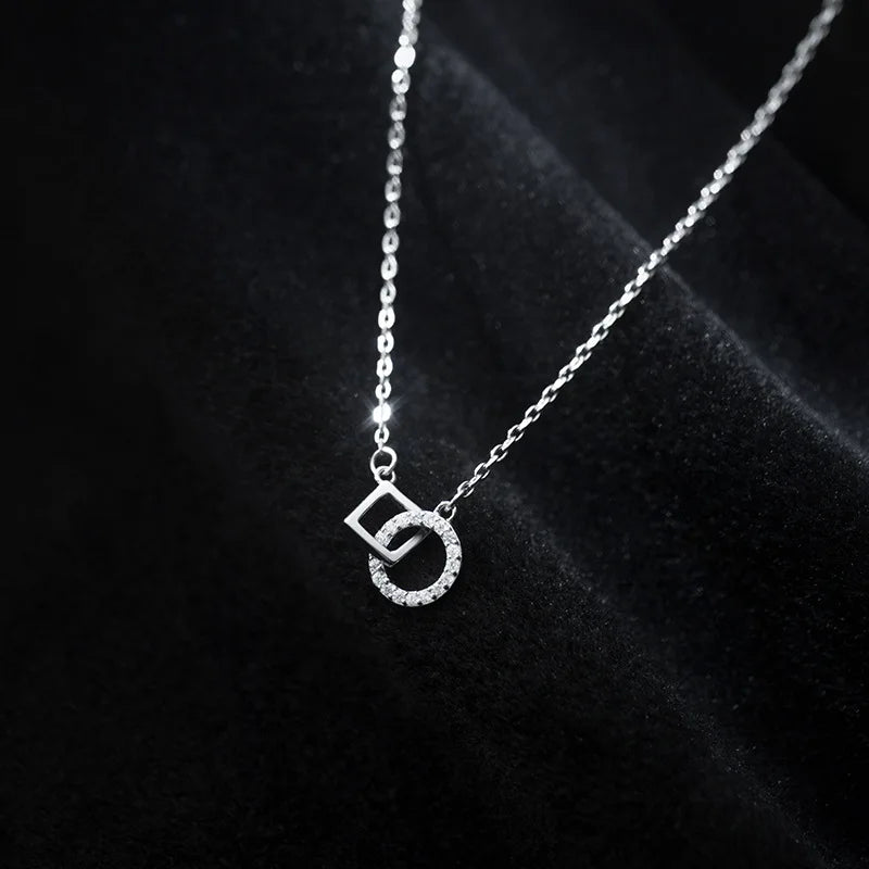 Fashion Cubic Zirconia Geometric Necklace 925 Sterling Silver Interlocking Circle Square Pendant Necklaces Jewelry for Women